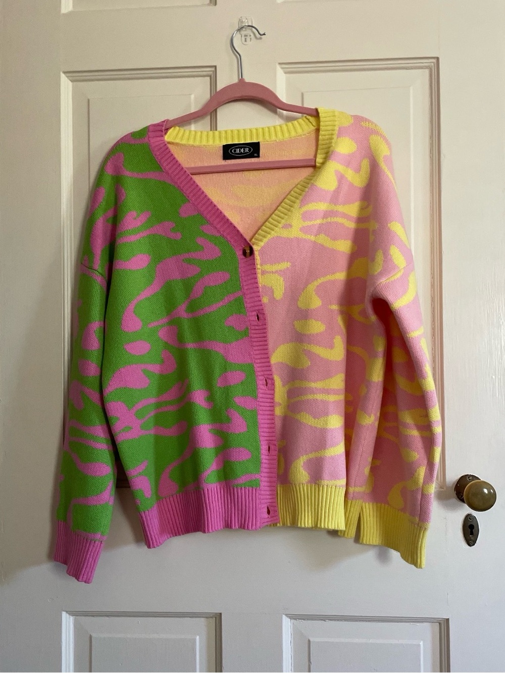 Cider Pink, Green & Yellow Zebra Jacquard V-Neck Cardigan